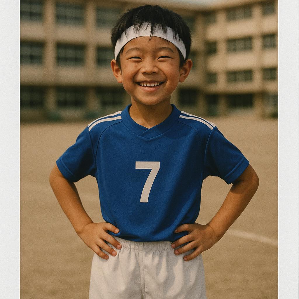 サッカーユニフォームを着た小さな男の子の笑顔の写真。成長の思い出として大切に残された一枚。