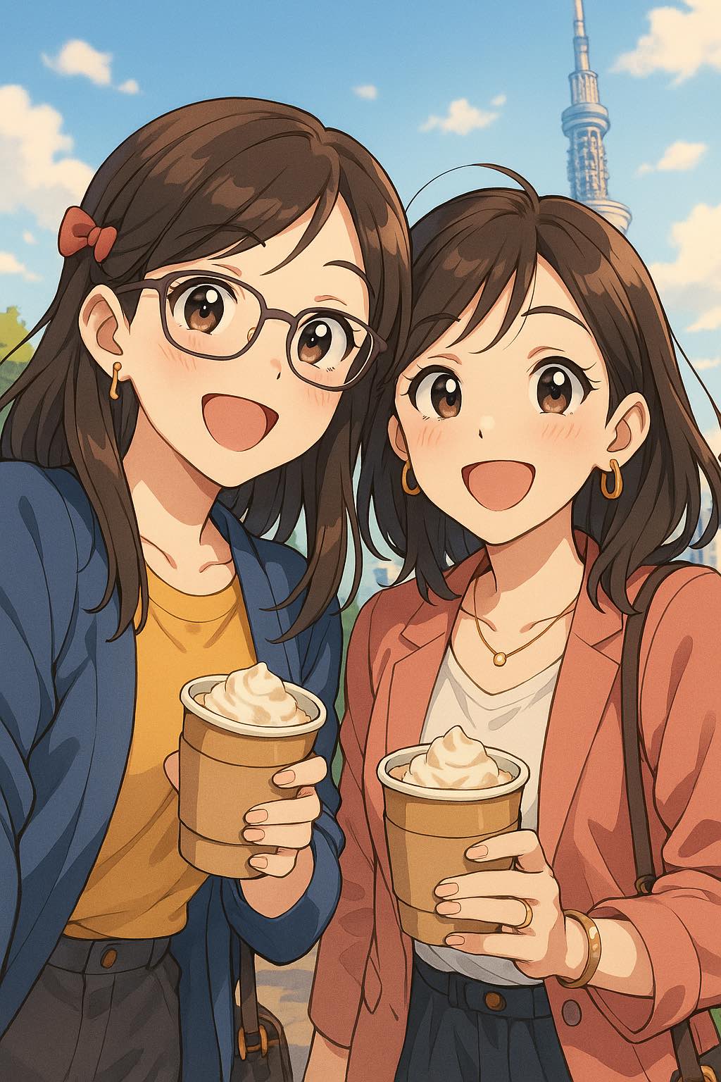 東京のオフィス街でカフェを持ちながら自撮りする30代女性2人組のアニメ風イラスト